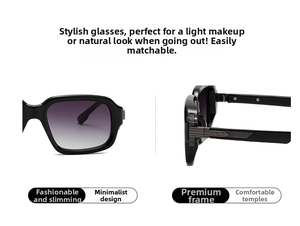 Detail view of black square sunglasses featuring gradient lenses and metal temple accents
