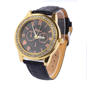 Close-up of Geneva quartz watch with rhinestone bezel and black crocodile leather strap