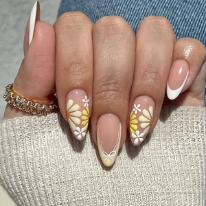 French Press On Nails Almond Shape ABS Plastic Yellow White Daisy Flower Bow Design Nude Pink Sweet Style For Women