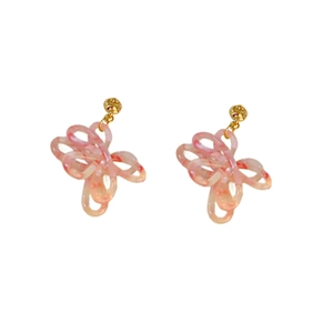 Elegant bow-shaped resin earrings with pink speckled texture and gold-plated metal studs