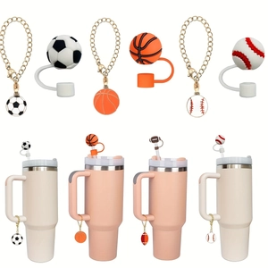 Sports Theme Silicone Straw Covers And Metal Cup Charms Basketball Soccer Baseball Football Tumbler Decoration