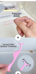 Close-up of pink stainless steel eyelash tweezers and curved applicator set in use