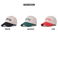 Three-color display of cotton baseball caps with Game Day embroidery in black green and red