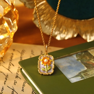 French Retro Sunflower Painting Frame Pendant Necklace With Freshwater Pearl Purple Enamel Twisted Rope Chain Gold Plated Jewelry
