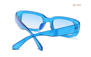 Detail view of the back showing hinge and bridge of blue narrow rectangular sunglasses