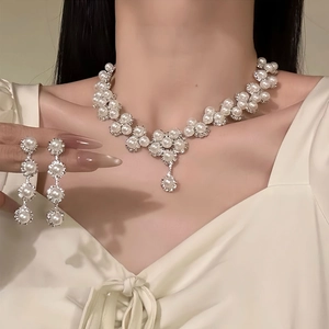 Alloy Rhinestone Flower Necklace And Imitation Artificial Pearl Earrings Elegant Palace Style Luxury Floral Jewelry For Women