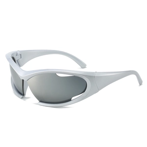 Futuristic Y2K matte silver sports sunglasses with streamlined wrap-around frame design
