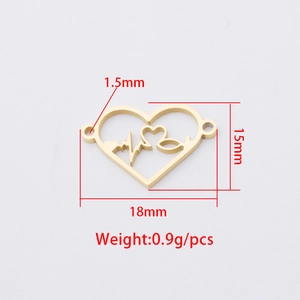 Golden heart heartbeat pendant connector for jewelry making 18x15mm stainless steel
