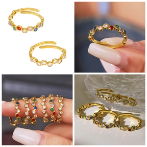 Detail view of gold stainless steel open ring with colorful zircon stones in a collage