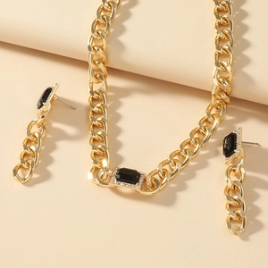 Gold chunky chain necklace and earring set with black rectangle crystals and rhinestones