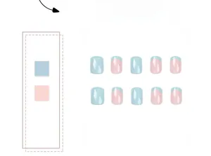 Detailed view of short square press-on nails with light blue and French tip designs