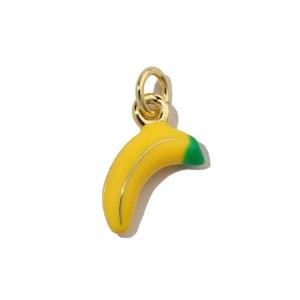 Detailed close-up of a banana charm with yellow enamel and a golden metal hanging ring
