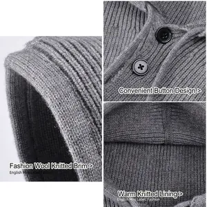 Winter Balaclava knit hood with grey ear protection, button closure, and warm lining