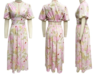 Detailed views of high waist cutout floral dress with V-neckline and bubble sleeves