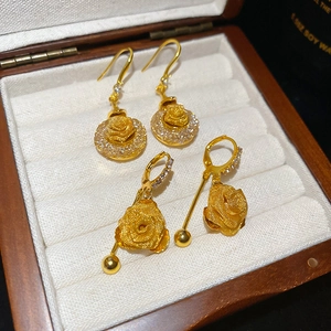 Macro detail of elegant golden mesh rose earrings with diamonds in a jewelry box