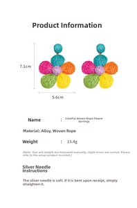 Detailed view of colorful woven rope flower earrings with size specifications in 7.1cm height