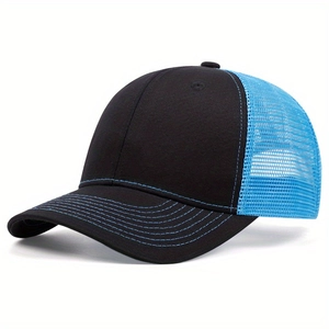 Detail view of trucker hat featuring black fabric and sky blue breathable mesh back