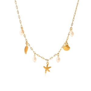 Gold stainless steel ocean necklace with white pearls, starfish, and seashell charms