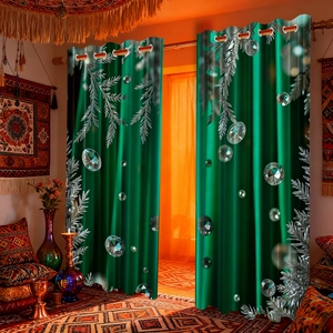 Close-up of green velvet curtains featuring silver pine needles and diamond patterns