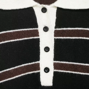 Women's vintage polo neck striped knit top with a retro buttoned collar and soft texture
