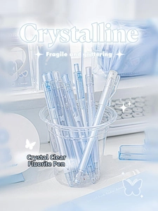 Macro shot of icy blue transparent gel pens with butterfly prints and clear pen holder
