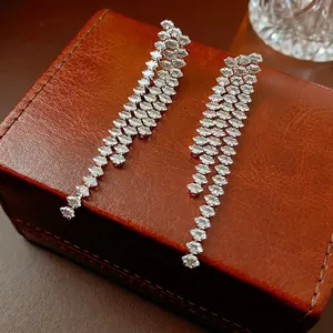 Elegant Long Tassel Dangle Earrings With Silver Earring Post Alloy Sparkling Rhinestone Jewelry For Women Party Wear