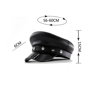 Detailed size guide of black PU leather fiddler cap with metallic star studs
