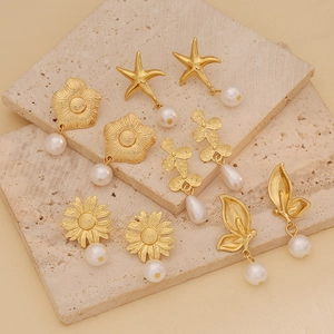 Stainless Steel Flower Butterfly Starfish Drop Earrings With Artificial Pearl Elegant Gold Plated Fashion Jewelry For Women