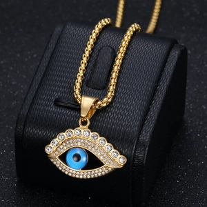 Collier en acier inoxydable doré avec pendentif œil maléfique zircon bleu et cristaux