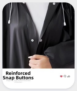 Detail of waterproof black EVA raincoat with reinforced snap buttons and drawstring hood