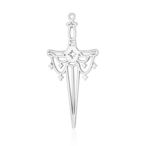 Macro shot of silver stainless steel sword pendant with hollow star patterns and eye detail
