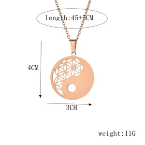Detailed size chart for the rose gold Tai Chi and Flower of Life pendant necklace