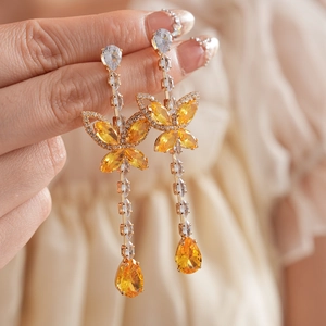 Exquisite long butterfly drop earrings with yellow zircon and sparkling crystal tassels