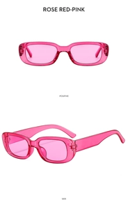 Detailed views of rose red-pink rectangular narrow sunglasses with integrated nose pads