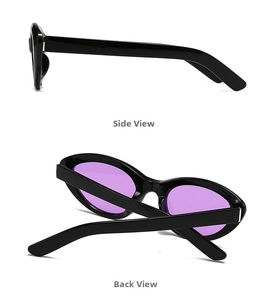 Side and back view of retro oval sunglasses with marble frame and purple lenses