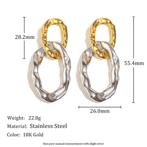 Two-tone 18K gold and silver stainless steel link earrings with hammered texture detail