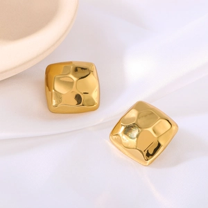 Minimalist square golden stainless steel earrings with hammer texture for women