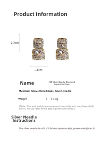 Detailed technical diagram showing 2.2cm x 1.1cm square rhinestone earrings dimensions