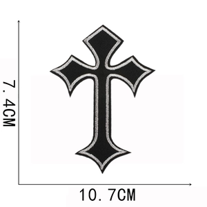 Gothic cross embroidered patch in black and silver, 10.7cm wide iron-on fabric badge