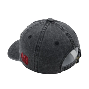 Vintage grey washed cotton baseball cap with red number 49 embroidery and distressed brim
