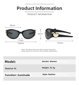 Detailed size chart for pink heart sunglasses showing lens width and frame dimensions