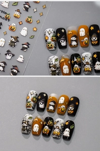 Detail von Halloween-Nagelaufklebern mit Geistern und Kürbissen für gruselige DIY-Maniküre
