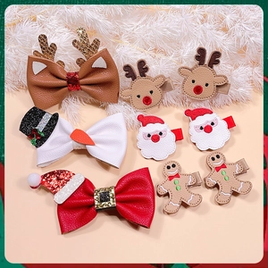 Detailed 9-piece set of Christmas faux leather bows and character hair clips for girls