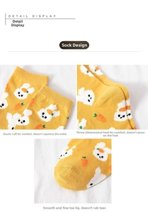 Detail view of cotton sock featuring high elasticity cuff and cute cartoon rabbit patterns