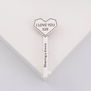 Silver stainless steel heart key brooch with I Love You and 520 engravings