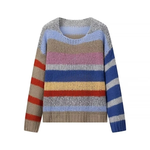 Close-up of colorful rainbow stripes and open-work hollow knit texture on the loose sweater