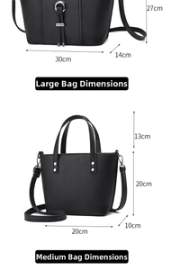 Detailed size chart for the black tote bag and matching crossbody bag in three-piece set
