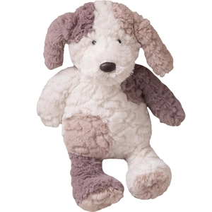 Cute cream and brown plush dog toy made of soft textured long-pile fabric on white background