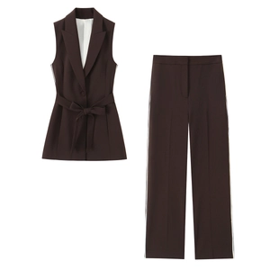 Western Style Deep Brown Long Vest And Straight Leg Pants Casual Suit Sleeveless Lapel Waistcoat Striped Trousers Women