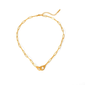 Golden stainless steel paperclip chain necklace featuring a polished handcuff pendant charm